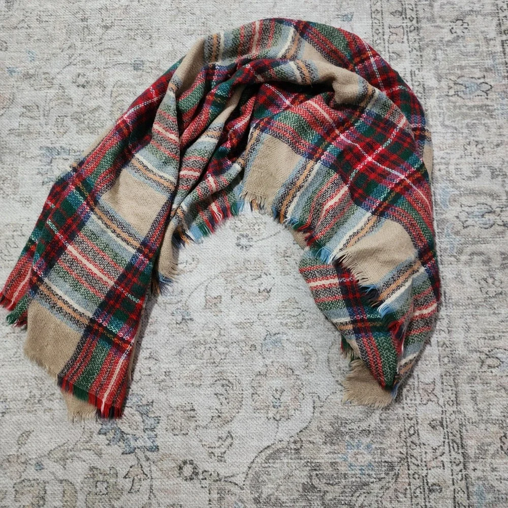 ModCloth Tan Red Green Plaid Blanket Scarf Fringed Square Oversized Cozy Wrap